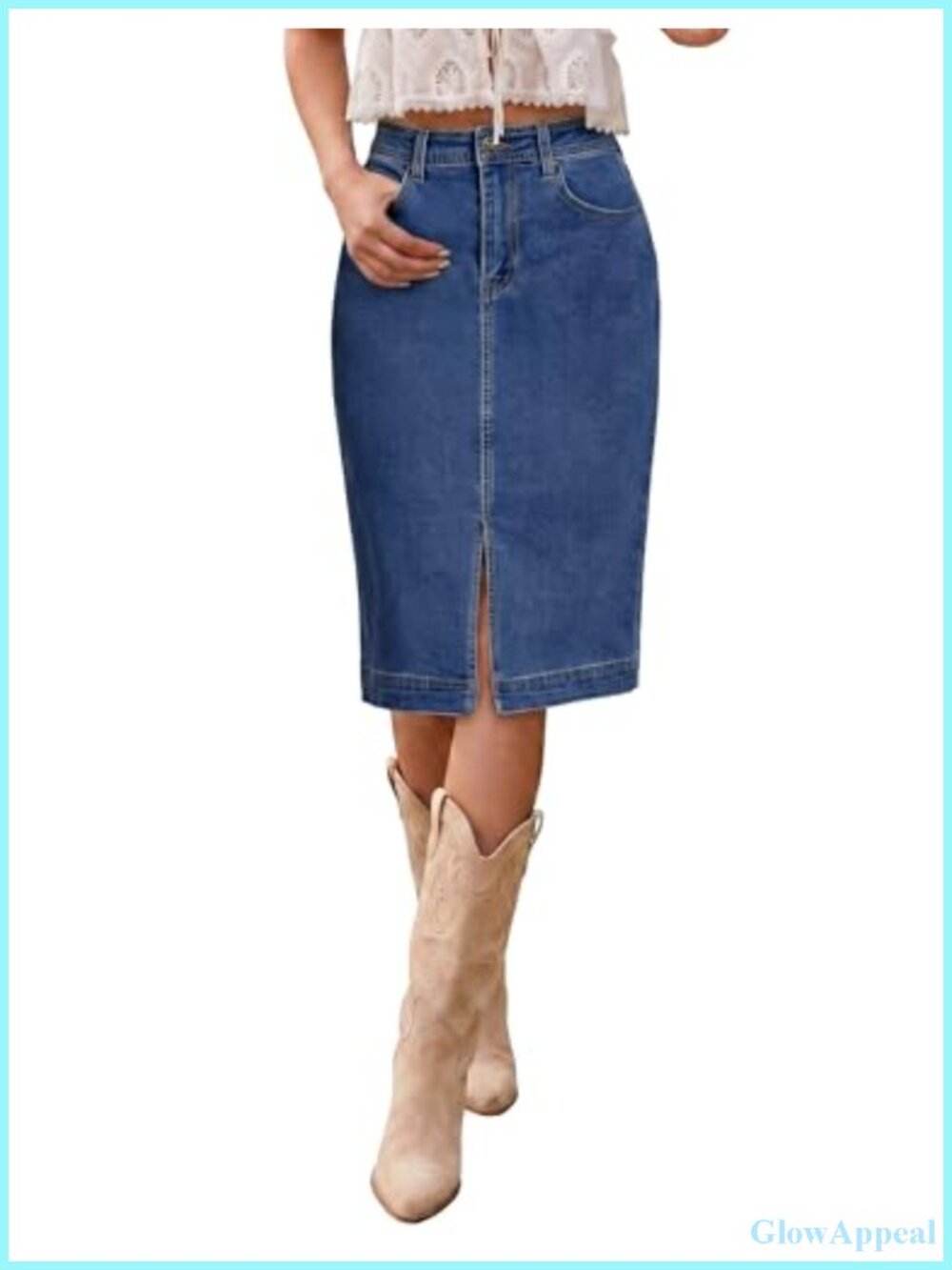 Denim Midi Skirt Knee Length Pencil High Waist Slit Cotton Blend